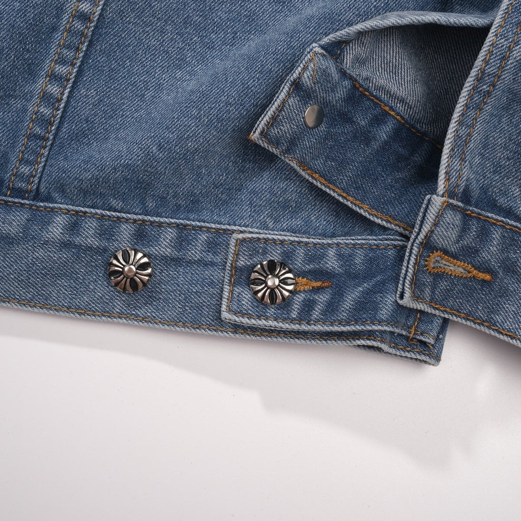 Chrome-Hearts Patchwork Denim Jacket - Vintage Blue Gothic Street Jacket 0789
